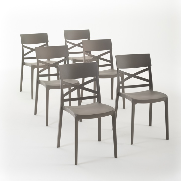 Set de 6 Scaune MARTINA - Polipropilena cu Fibra de Sticla, Monobloc si Stivuibile, Design Modern, Bej