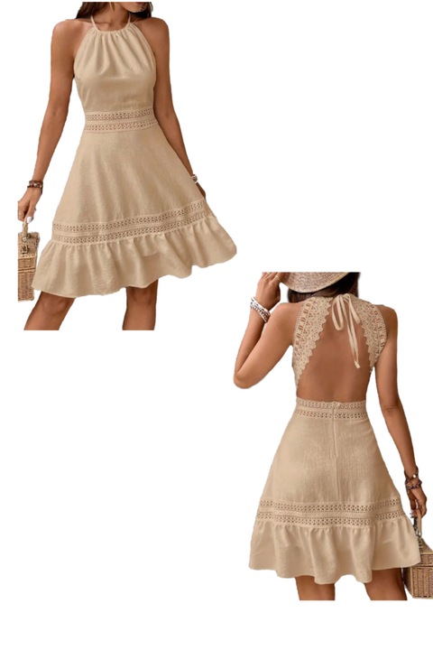 Рокля, лятна, черна, модел дантела на гърба, Крем