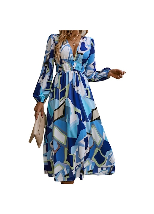 Rochie lunga de vara, vaporoasa, florala, cu maneci lungi si anchior adanc in V, Albastru multicolor