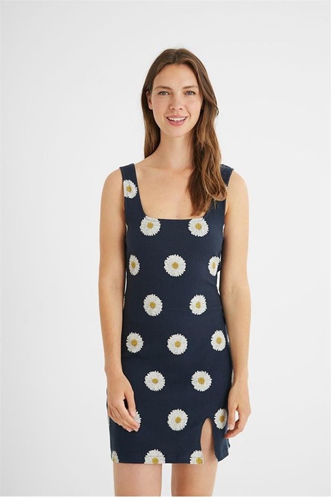 Rochie Margaritas mini din bumbac cu bretele si imprimeu floral, Albastru, S