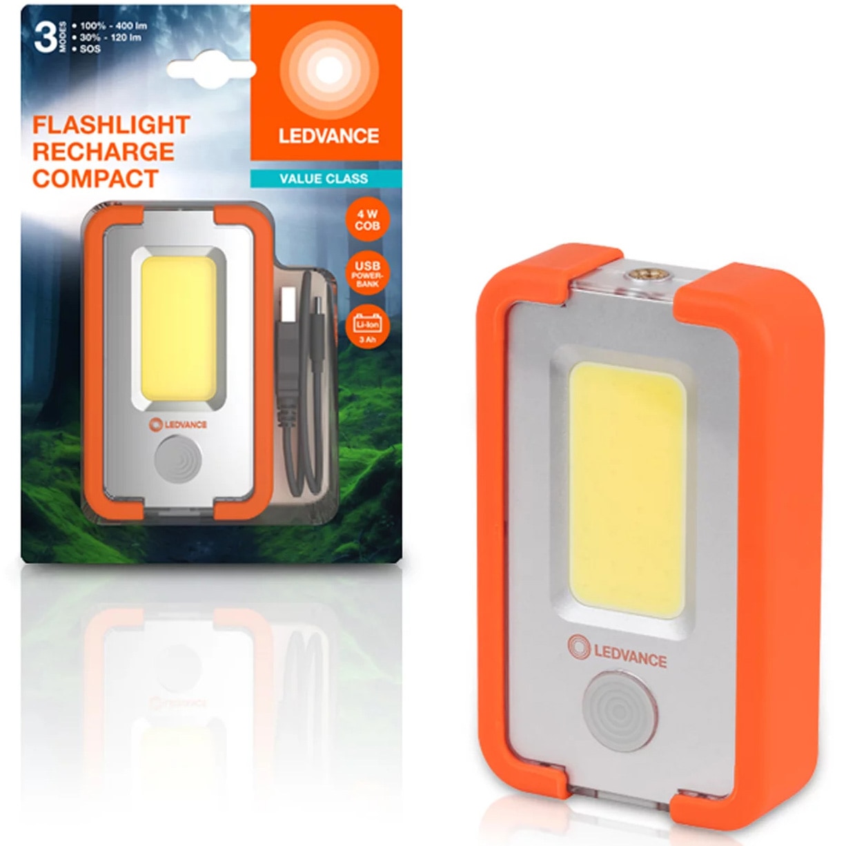 Lanterna LED camping LEDVANCE, 4W COB, 400 lm, 3 moduri de iluminare (100% 400 lm, 30% 120 lm si flash), acumulator Li-Ion 3000mAh, USB power-bank, IP20, brat magnetic, carlig, cab