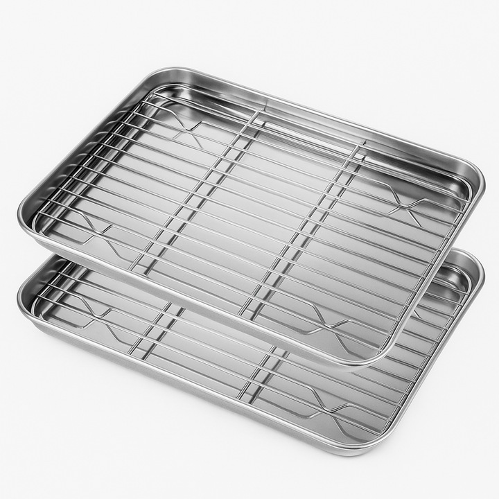 Gardenko Set format din 2 tavi din otel inoxidabil cu gratar de racire pentru prajituri si copt 26x20x2,5 cm