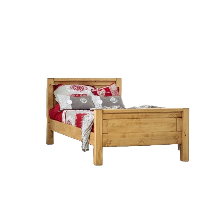 Pat simplu lemn masiv molid cu 2 tablii, suport saltea inclus, 90 x 200 cm