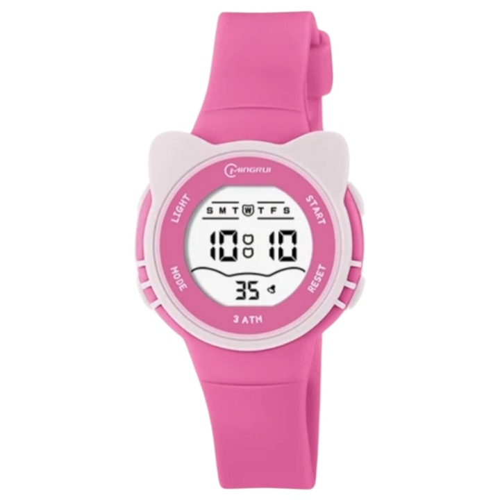 Наситено розов детски часовник с водоустойчив котешки дизайн