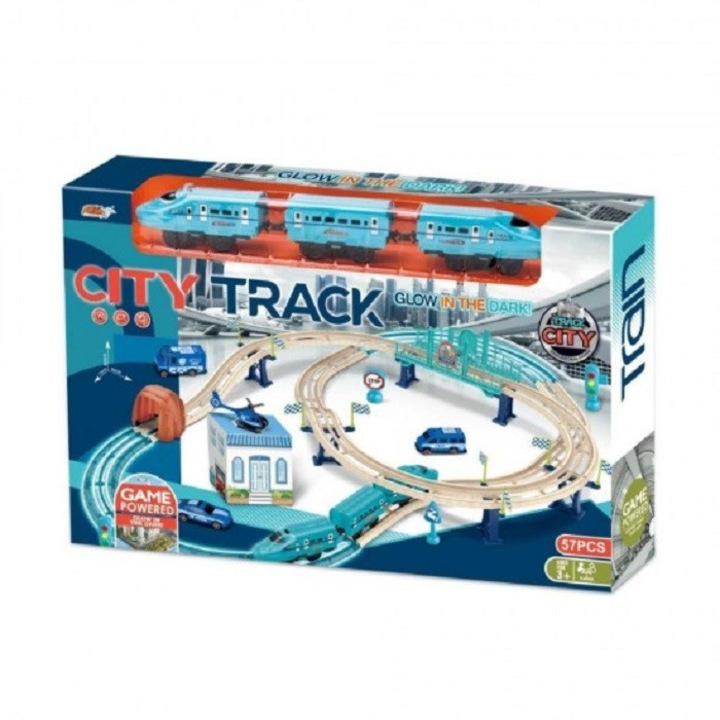 Set de joaca Cale ferata albastra cu tren electric, elemente fosforescente, accesorii si acumulator