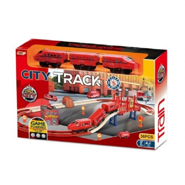 Set de joaca Cale ferata rosie cu tren electric, elemente fosforescente, accesorii si acumulator