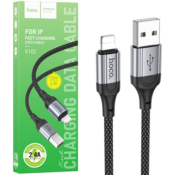 Cablu Hoco X102, USB la Lightning, 1m, Compatibil iPhone, Transfer Date 2.4A, Negru