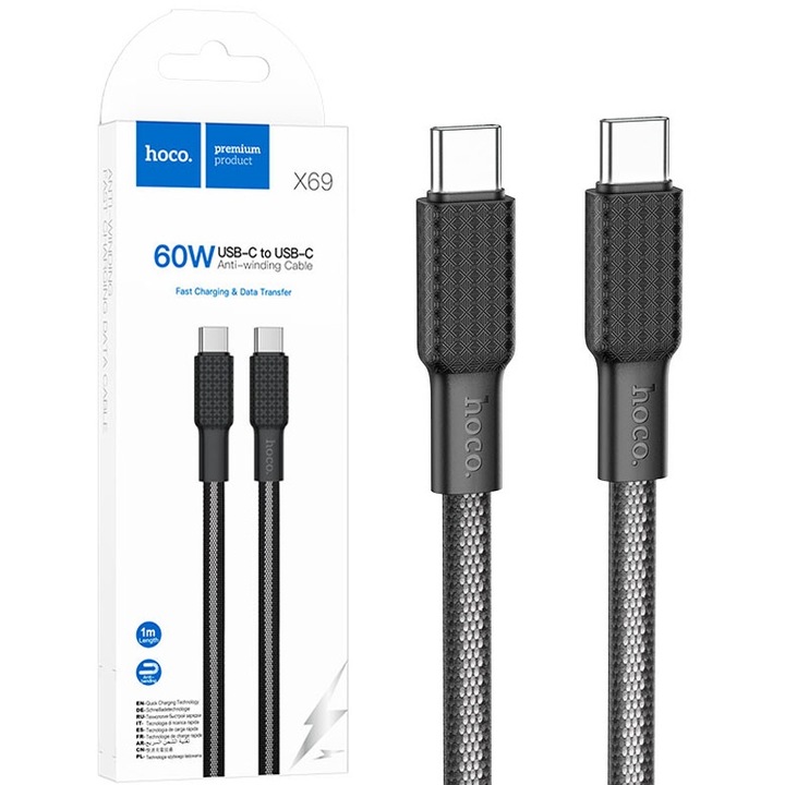 Cablu Hoco X69, Type-C la Type-C, 1m, Compatibil iPhone 15/16 si Android, Putere 60W, Transfer Date, Negru-Gri