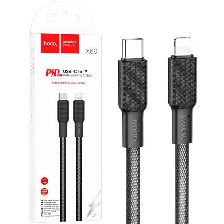 Hoco X69 kábel, Type-C - Lightning, 1 m, iPhone kompatibilis, 20 W teljesítmény, adatátvitel, fekete-szürke