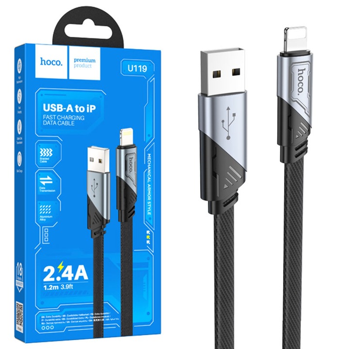 Hoco adat- és töltőkábel (U119), USB-A a Lightninghez, 2,4 A, lapos, 1,2 m, fekete