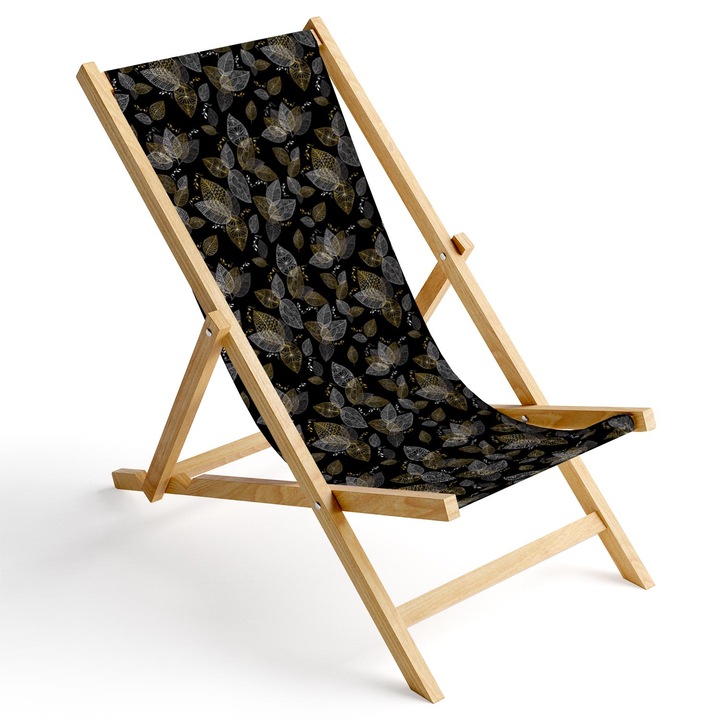 Fából készült kerti nyugágy, összecsukható szék, fekete ülés, levelek