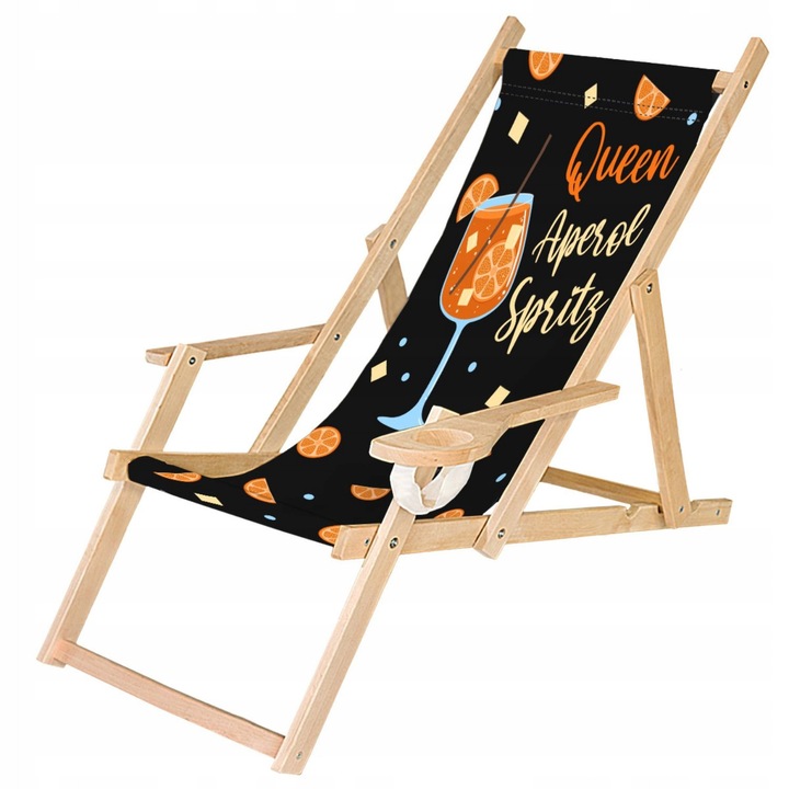 Sezlong De Gradina Din Lemn Queen Aperol, Pliabil, Cu Suport Pentru Bauturi, Spatar Reglabil, Material Impermeabil, Elemente Slefuite Cadoul Perfect