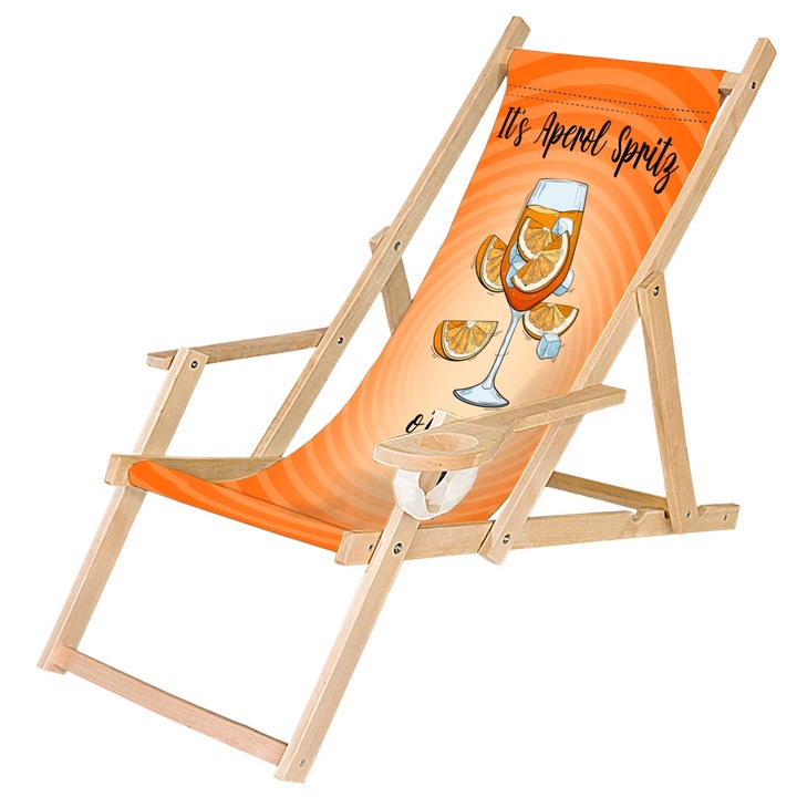 Fából készült kerti nyugágy, összecsukható szék italtartóval, Aperol O'clock