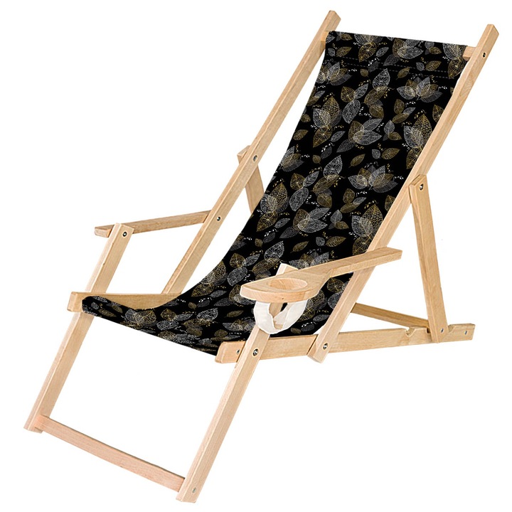 Fából készült kerti nyugágy, összecsukható szék italtartóval, Levelek