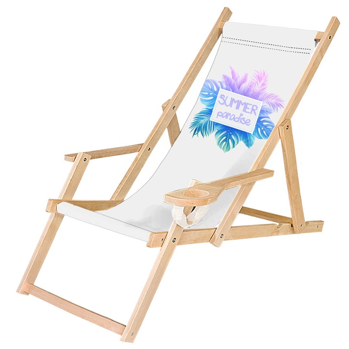 Fából készült kerti nyugágy, összecsukható szék italtartóval, fehér, Hello Summer