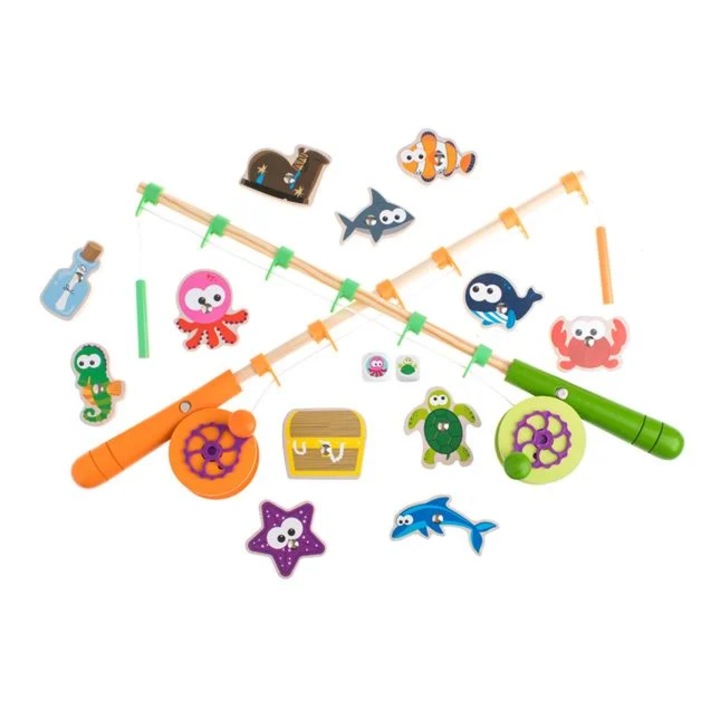 Set de joaca Montessori din lemn pescuit cu 2 undite si magnet YLOTECH®