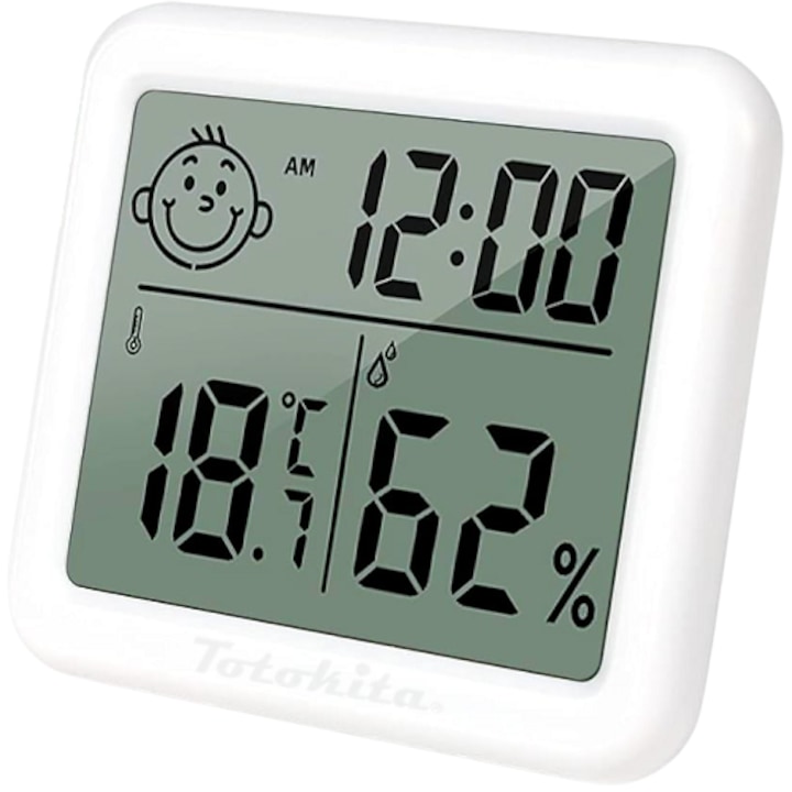 Termometru Higrometru pentru Camera, Indicator Confort, Citire Rapida, Afisare Ceas Data Umiditate, Gama Profesionala, Suport Agatare sau Stand, Alb, Totokita®