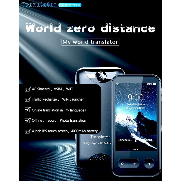 Traducator inteligent, 135 de limbi, 4G, Wi-Fi, Bluetooth, ecran tactil IPS de 4”, 5M pixeli, baterie cu capacitate de 4000Mah, traducere vocala si foto, inregistrare vocala, dictionar, esentiale de calatorie, compact si portabil, gri