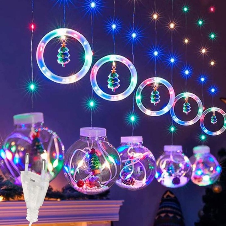 Instalatie De Craciun SIKS, Tip Perdea De Lumini, 5 Globuri Luminoase Si 5 Inele Cu Led, Cu Figurine Tip Braduti De Craciun, 8 Moduri De Iluminare, 4m, Interconectabila, Alimentare Prin Priza, Multicolor