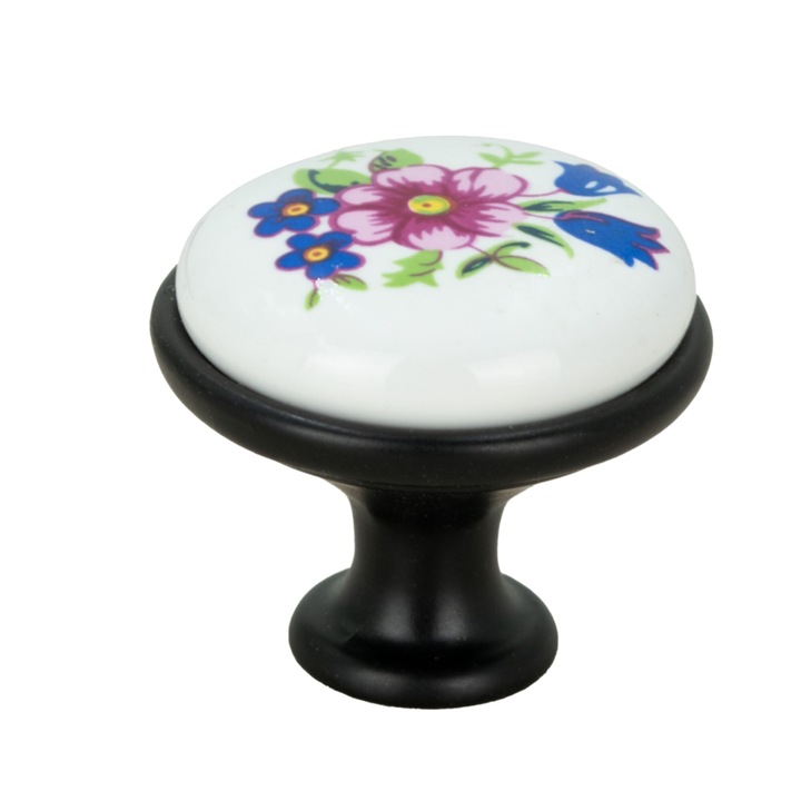 Кръгла мебелна дръжка, B&B, черна, с керамика и ретро шарка на цветя