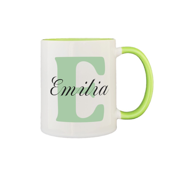 Személyre szabott bögre keresztnévvel, fehér belsővel és zöld fogantyúval, 350ml, Női névkollekció, Emilia