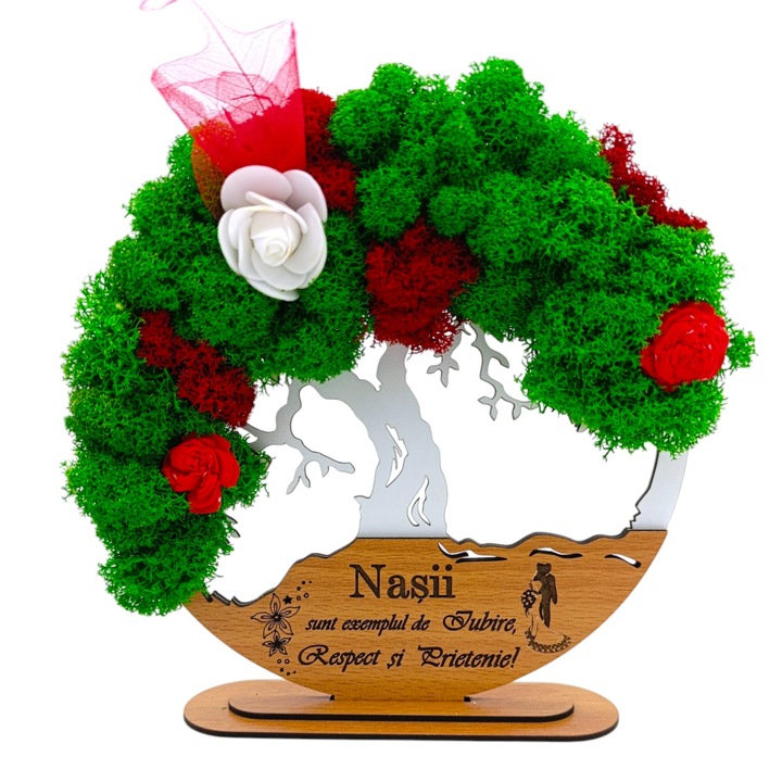 Tablou copacul vietii cu licheni stabilizati, personalizat cu mesaj standard pentru Nunta/Nasi/Miri/Botez "Nasii sunt exemplul...", dimensiune 20cm, alb