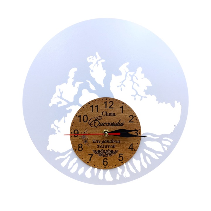 Ceas de perete blank pentru licheni naturali stabilizati, cadou personalizat cu mesaj standard "Cheia Succesului" pentru Sotie/Prietena/Mama/Sora, 40cm, alb