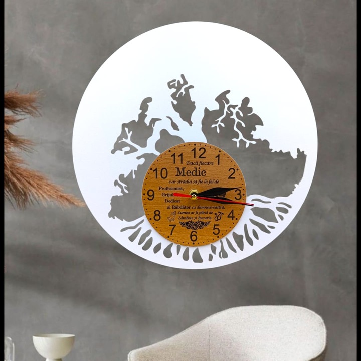 Ceas de perete blank pentru licheni naturali stabilizati, cadou personalizat cu mesaj standard pentru "Medic" 60cm, alb