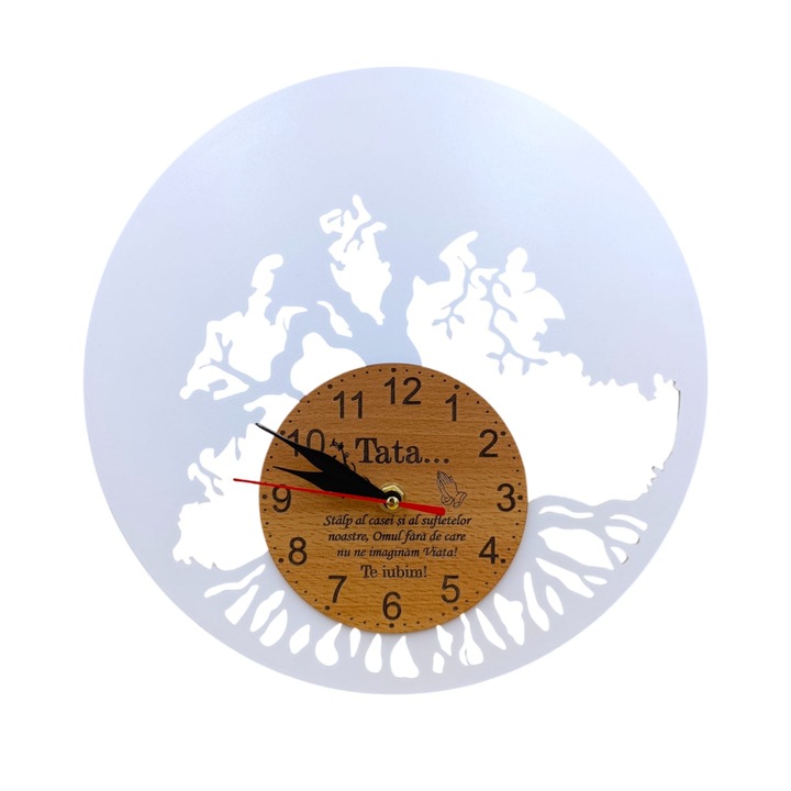 Ceas de perete blank pentru licheni naturali stabilizati, cadou personalizat cu mesaj standard pentru "Tata", 40cm, alb