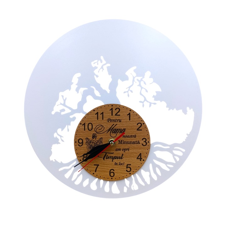 Ceas de perete blank pentru licheni naturali stabilizati, cadou personalizat cu mesaj standard pentru Mama, 50cm, alb