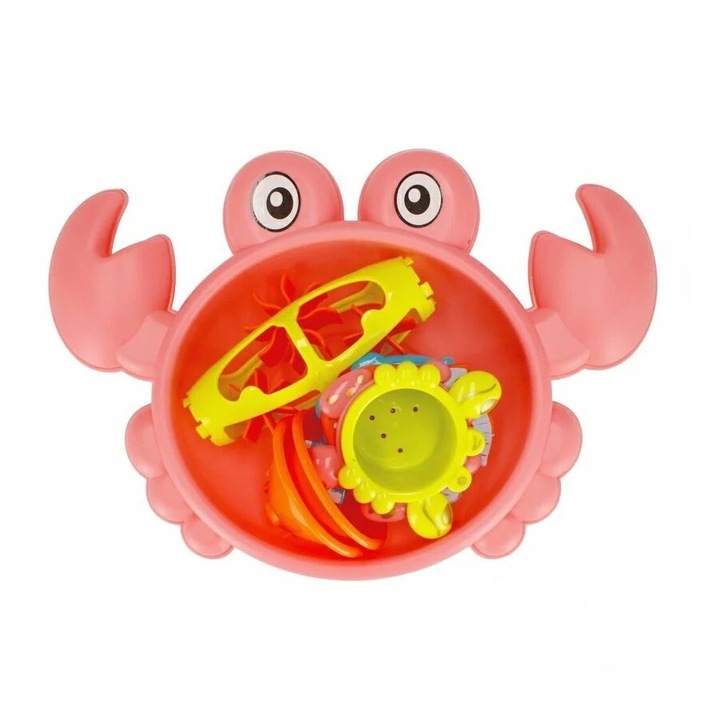 Rák alakú fürdőjáték, 5 másik játékkal, 3 éves kortól, műanyag, 21x30x5 cm, kék-rózsaszín, Rózsaszín, 21x30x5 cm, Rózsaszín