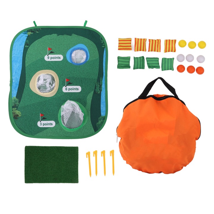 Set tabla golf cu saci de nisip, Enforose, 61x52cm, 4 cuie de fixare, 9 mingi moi, 1 plasa de tinta