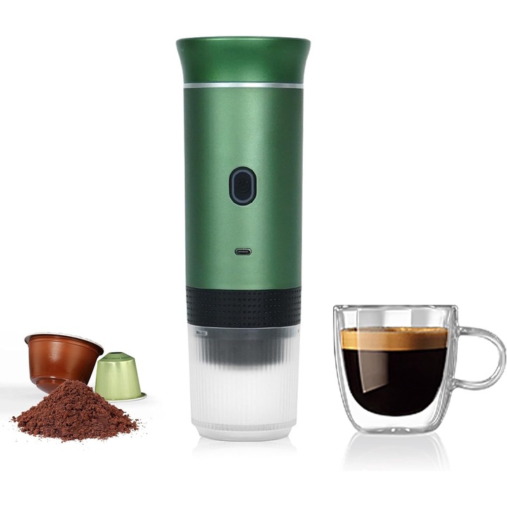 Безжична преносима кафемашина Planet Tech 3 в 1, 20 бара, Съвместима с капсули Nespresso, Dolce Gusto, Мляно кафе, Зелен