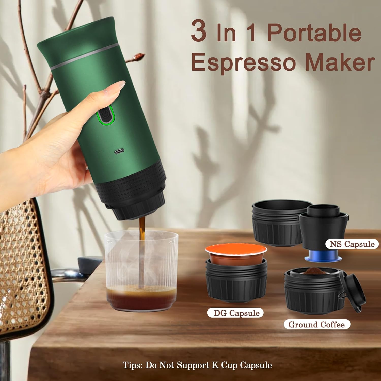 Cafetiera portabila fara fir Planet Tech 3 in 1, 20 de bare, compatibil cu capsule Nespresso, Dolce Gusto, cafea macinata, verde