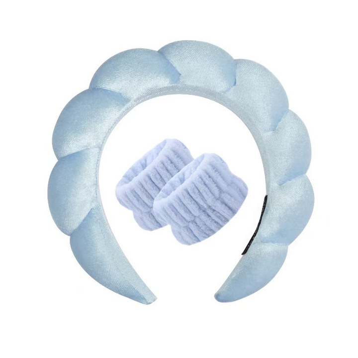 Дамска лента за глава, памучна гъба, гел за лице, препарат за премахване на грим, подпухнала лента за глава за душ, 2 каишки за китки, 1 щипка, 1 спа лента за глава, 1 лента за коса (синя)