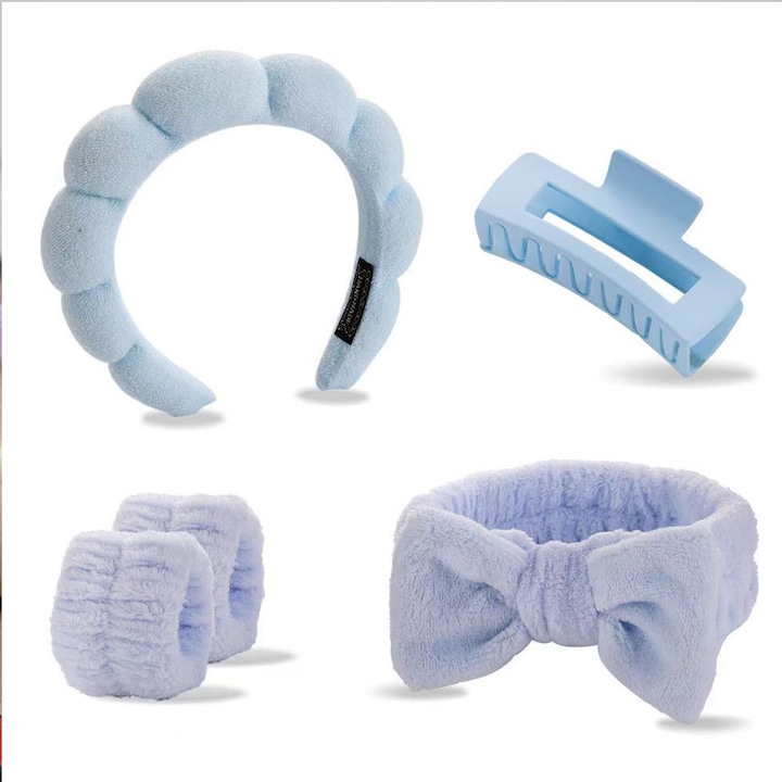 Bentita machiaj (set5), WANDAVICTA®，material burete, potrivita pentru ingrijirea pielii si scene de exercitii fizice, cum ar fi machiaj, spalare faciala, pielii, spa, baie, fitness, yoga etc，albastru