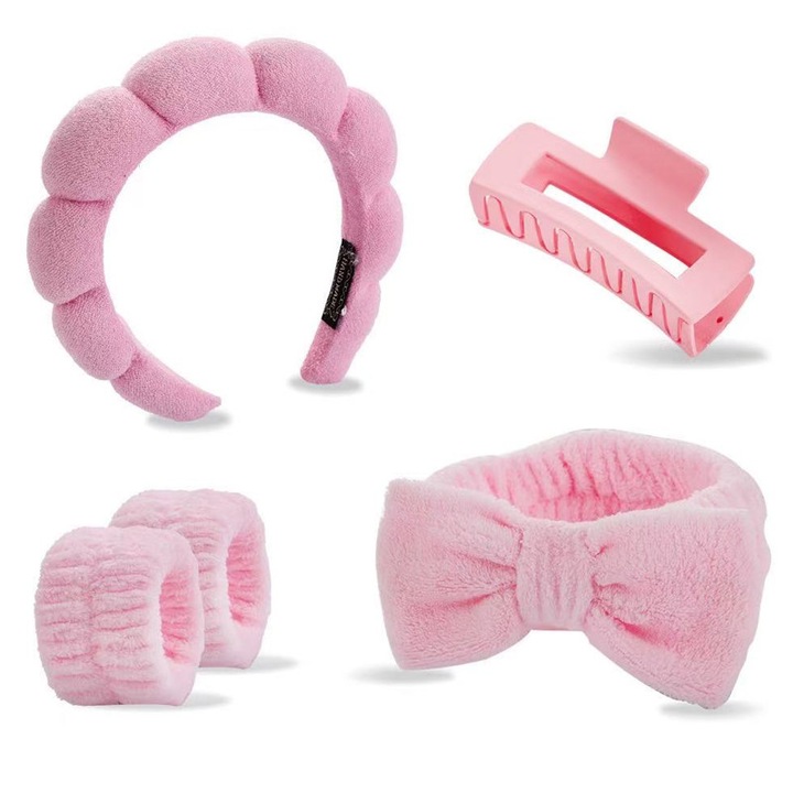 Bentita machiaj (set5), WANDAVICTA®，material burete, potrivita pentru ingrijirea pielii si scene de exercitii fizice, cum ar fi machiaj, spalare faciala, pielii, spa, baie, fitness, yoga etc, roz