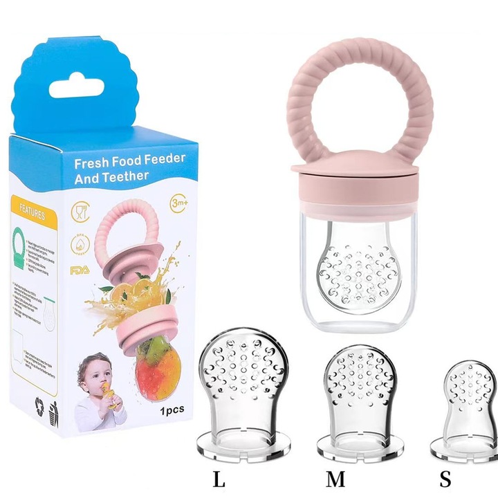 Бебешка залъгалка/замразени плодове, играчка за никнене на зъбки за бебета 4M+, силиконова обвивка и биберон без BPA, безопасно въвеждане на твърди храни, никнене на зъбки, (розово)