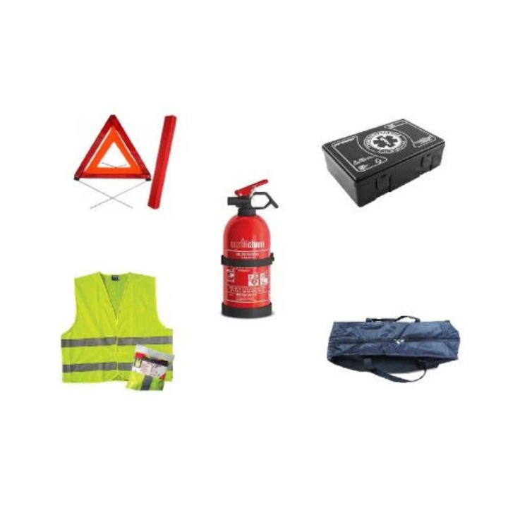 CAR SAFETY KIT # - комплект, 2 триъгълника, акумулаторен пожарогасител, жилетка + LEO AUTO чанта за съхранение + Подарък освежител за въздух