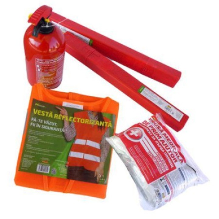 Premium Black Safety Kit - 2 светлоотразителни триъгълника, медицински комплект, акумулаторен пожарогасител, светлоотразителна жилетка, чанта за съхранение