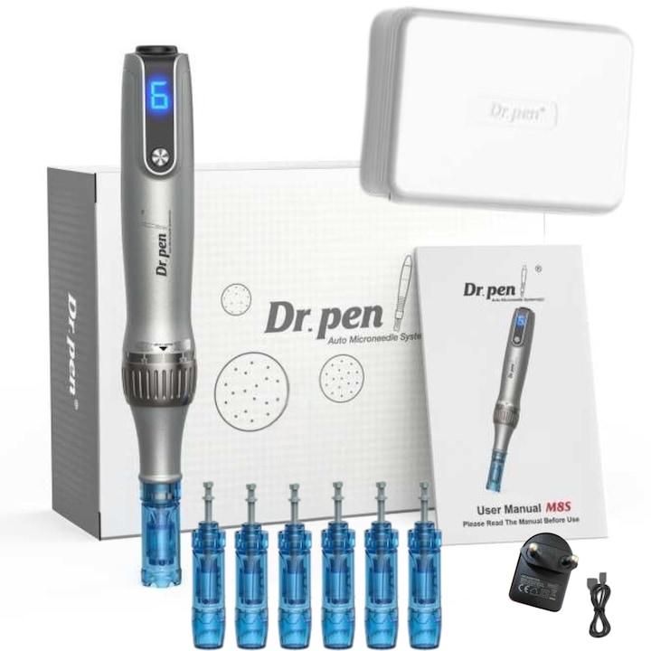 Уред за третиране на лице, Microneedling, Dermapen Professional, Dr. Писалка M8S, Подмладяване на кожата и против стареене, 6 пълнителя