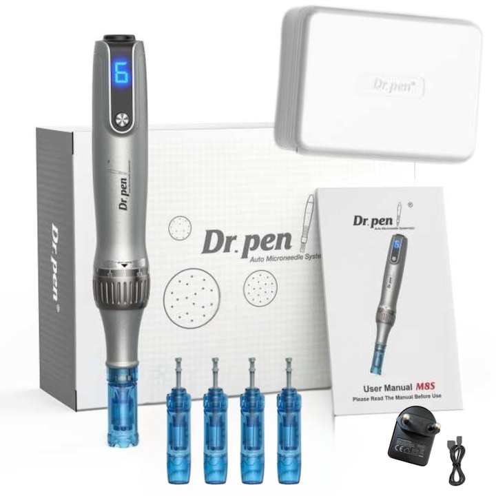 Dr Pen M8S, Dispozitiv microneedling, Aparat pentru tratament facial, Rejuvenare Piele si Anti-Aging,2 cartuse de 12 pini & 2 cartuse 18 pini– AOOR Trading distribuitor oficial