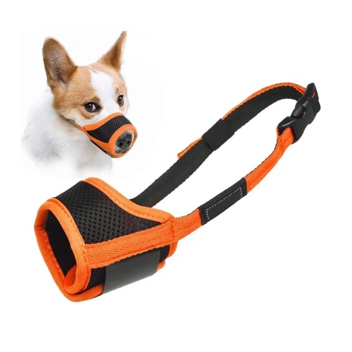 Botnita ajustabila pentru caini, ideala pentru toate taliile, din nailon, asigura respiratia libera si in siguranta a animalului tau, previne muscaturile si latratul, Marimea S, Negru cu Portocaliu, carrlinechoo®