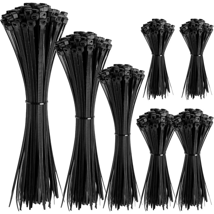 Set de legaturi pentru cabluri, cu auto-blocare, multifunctional, plastic, negru, 600 buc, 100-300 mm