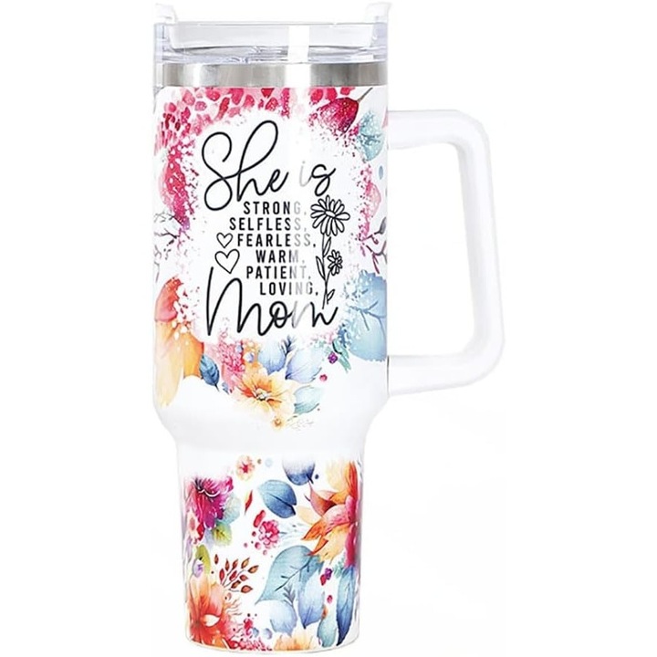 Cana termos din plastic, pentru bauturi calde si reci, cu maner, imprimeu floral, cu mesaj pentru mama, alb, 10 x 7.6 x 27.5 cm