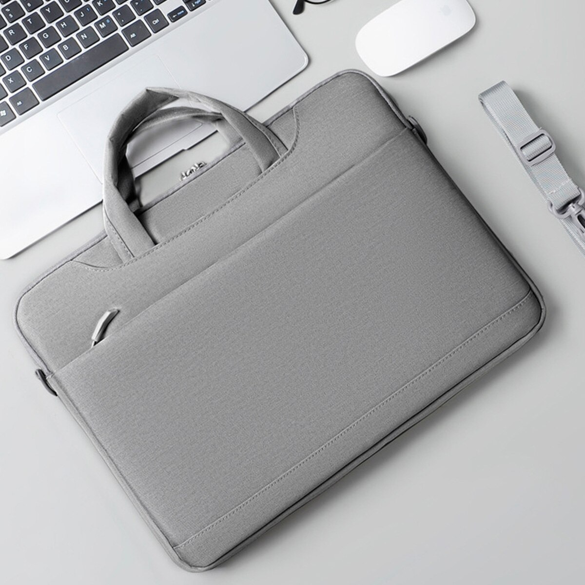 Geanta laptop Zeaicos, 14.1 inch, gri, negru, roz, albastru, 37x27x3cm, set cu accesorii