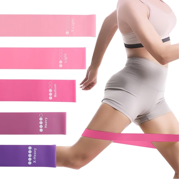Set 5 banda de rezistenta pentru fitness, Hggzeg, Curea elastica de intindere, Benzi elastice, Ergonomic, Anti-alunecare, Gimnastica de recuperare, Pentru Forta, Coordonare, Mobilitate, Stretching, TPE, 5 niveluri diferite de rezistenta, Rosu