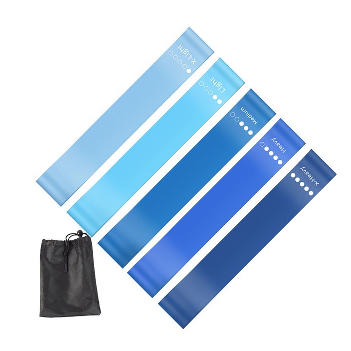 Set 5 banda de rezistenta pentru fitness, Hggzeg, Curea elastica de intindere, Benzi elastice, Ergonomic, Anti-alunecare, Gimnastica de recuperare, Pentru Forta, Coordonare, Mobilitate, Stretching, TPE, 5 niveluri diferite de rezistenta, Albastru