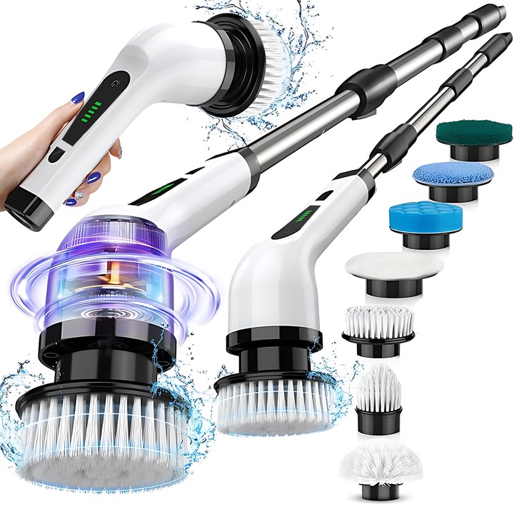 Teno® 9 az 1-ben elektromos forgókefe, 9 cserélhető fej, 2 állítható sebesség, általános tisztításhoz/nehéz foltokhoz, állítható és kivehető fogantyú, hosszú akkumulátor-élettartam, LED jelzőfény, fehér