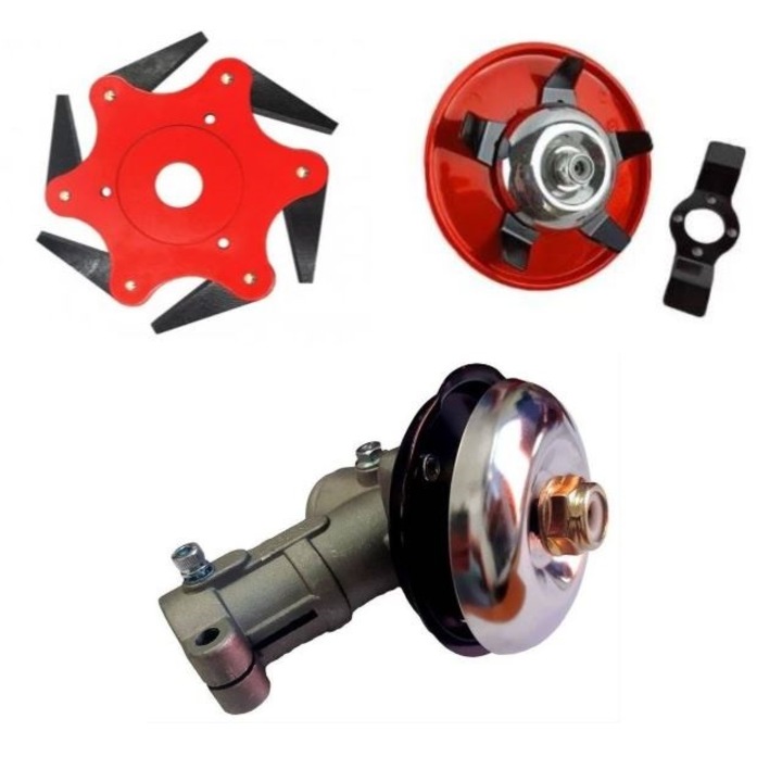 Angrenaj unghiular pentru motocoasa cu 7 caneluri (dinti), 28 mm, cap rotativ motocositoare, SPO SCULEPROFIONLINE, Disc plivit 2 in 1, Disc 6 lame, Set 3 piese